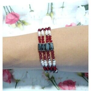 Burgundy Red Beads Faux Pearls Magnet Wrap  Bracelet Stretch Beaded